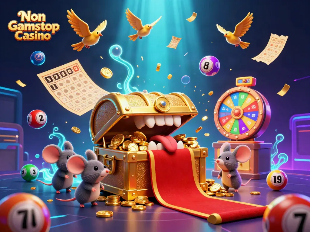 Engaging scene of a Non Gamstop Casino with dynamic treasure elements and colorful lottery features