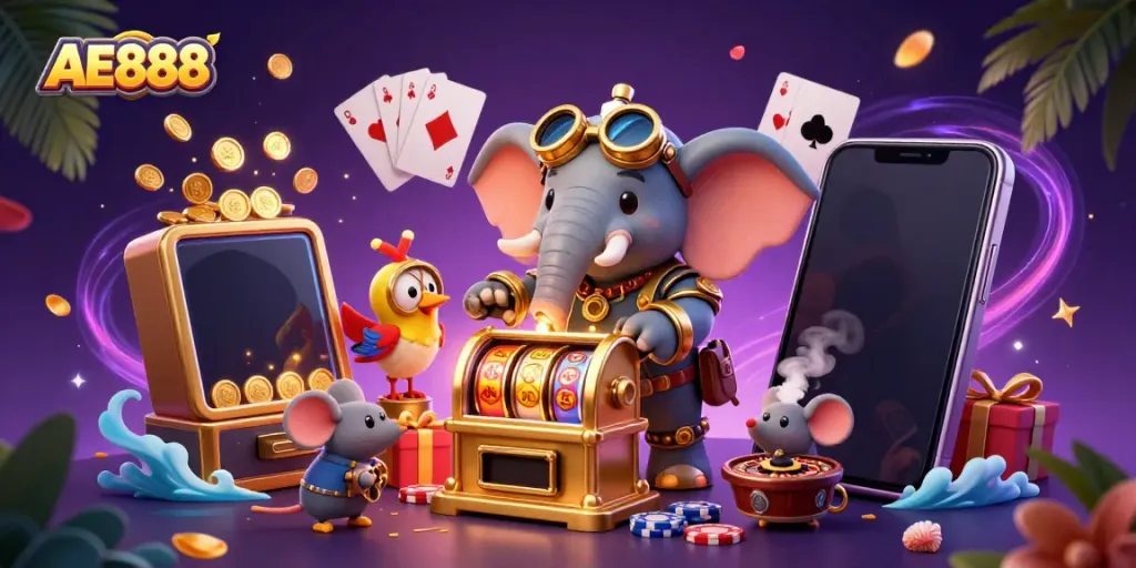 Experience thrilling gameplay with AE888's vibrant 3D casino scene full of excitement.