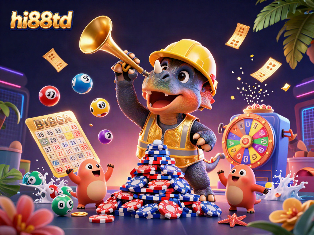 hi88td celebrates with a triceratops cheering amidst vibrant casino elements and games