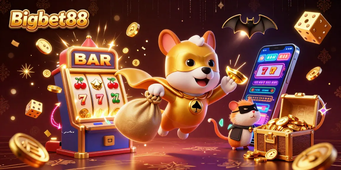 Experience casino excitement with Bigbet88 as animated characters soar amidst jackpots and treasures.