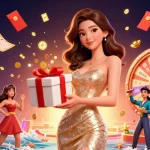 Experience ดูหนังออนไลน์ with a glamorous Asian woman in a lively casino setting, surrounded by vibrant gaming elements.