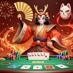 Engage with CM88’s dynamic poker scene illustrating kabuki-inspired characters and vibrant game elements.