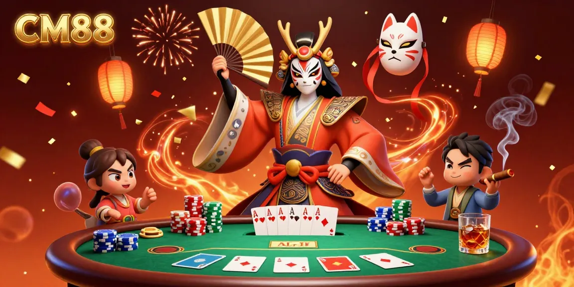 Engage with CM88’s dynamic poker scene illustrating kabuki-inspired characters and vibrant game elements.