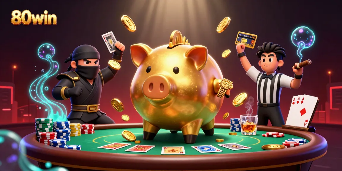 80win showcases an action-packed scene with a golden piggy bank sumo wrestler and poker elements.