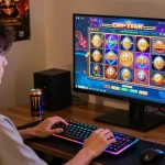 Situs slot deposit 10 ribu with a player engaging in an exciting online gaming experience at home.
