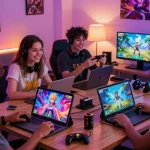 Enthusiastic gamers enjoying online ecchi games in a vibrant gaming den