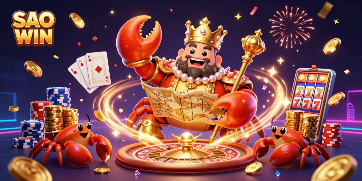 Win big with SAO WIN's exciting games featuring a vibrant crab emperor and casino elements.