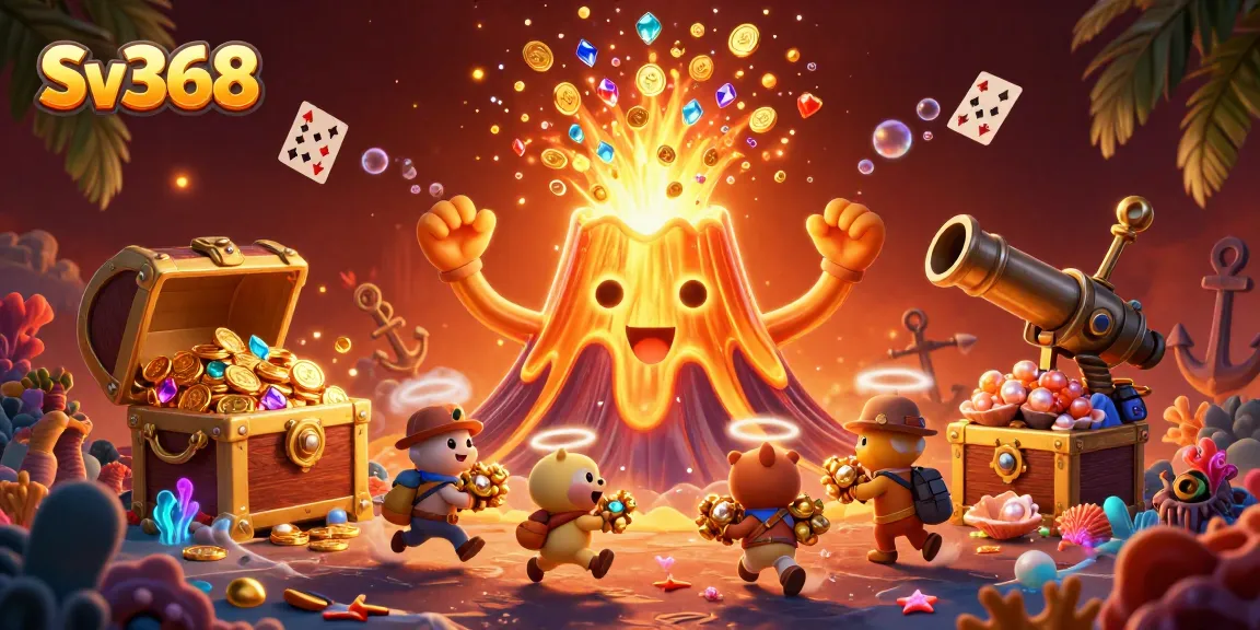 Win big with Sv368 as a golden volcano erupts treasures amidst gaming excitement.