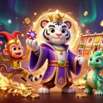 Nổ hũ activities illustrated with a royal tiger, a jester monkey, and a jade dragon playing in a vibrant casino scene.