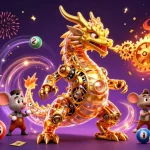 Experience thrilling gameplay with uu88's golden dragon as it breathes cogs and bonuses in a vibrant casino scene.