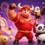 Engage in exciting gambling action with 58win, featuring colorful lottery elements and celebrating characters.