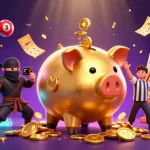 SC88 golden piggy bank sumo wrestler shakes loose coins amid vibrant lottery elements.