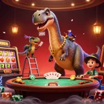 Experience thrilling slot gacor action with playful dinosaurs in a vibrant casino scene.