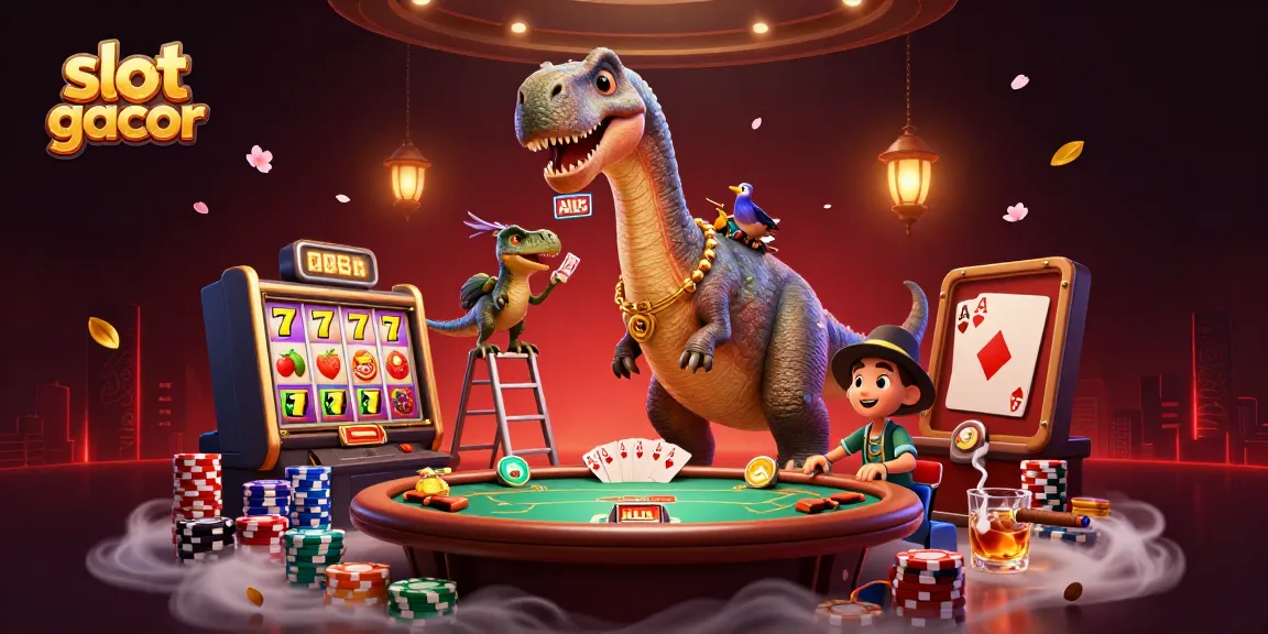 Experience thrilling slot gacor action with playful dinosaurs in a vibrant casino scene.