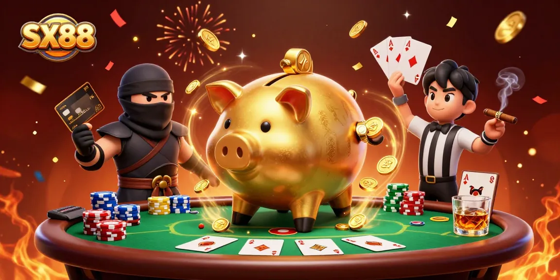 SX88 unleashes excitement in a vibrant poker showdown with dynamic characters and casino elements.