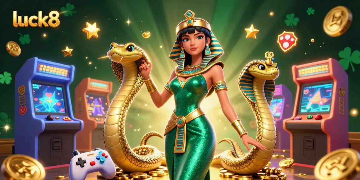 Engage in interactive luck8 gaming with a stunning emerald gown and golden cobra in a vibrant casino scene.