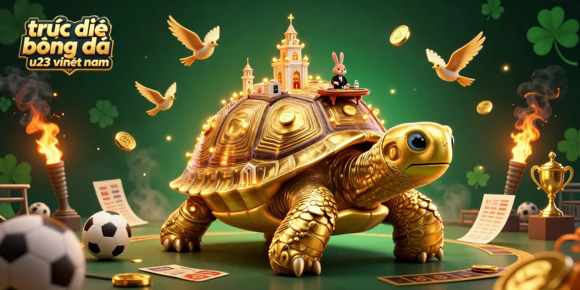 Bet on trực tiếp bóng đá u23 việt nam with a vibrant 3D casino scene including a golden tortoise and interactive gaming elements.