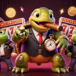 Engage in thrilling slots at UU88 with a cartoon turtle in a stylish setting, showcasing jackpot excitement.