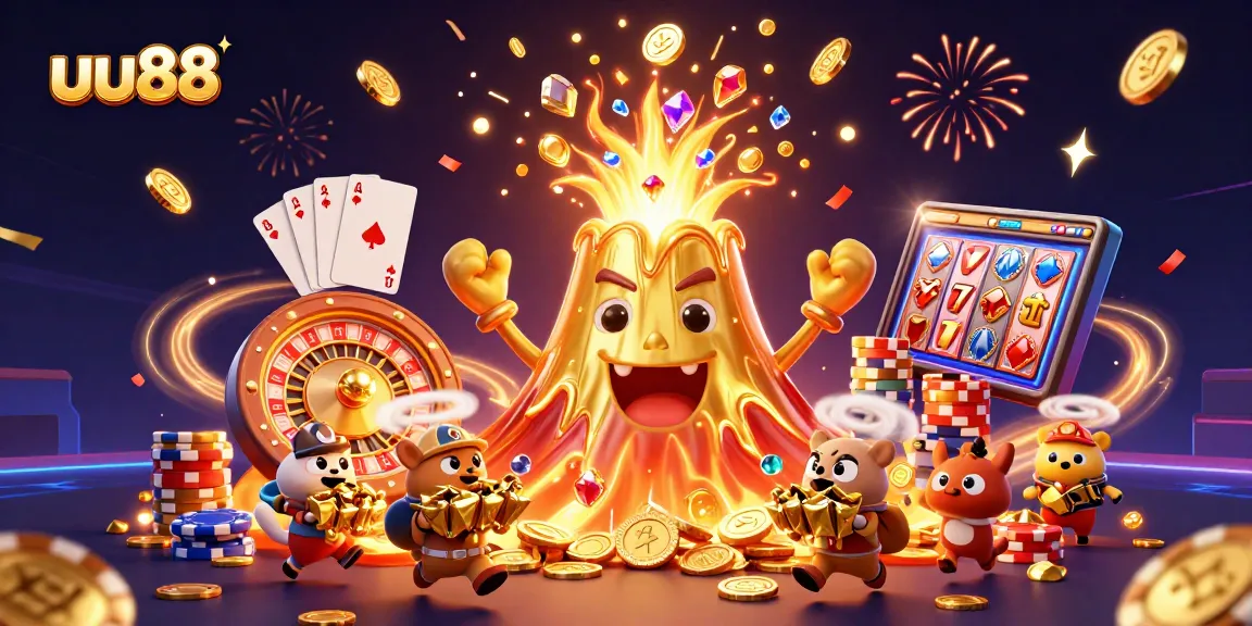 Experience thrilling wins with uu88 as a golden volcano erupts coins and treasures amid a vibrant casino scene.