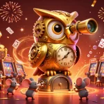 Engage in thrilling gameplay at TK88 with an enchanting owl overseeing the casino floor filled with vibrant slot machines.