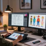 Artist creating nsfw digital illustrations in a modern studio.