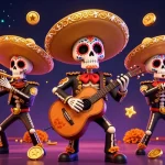 Engage with exciting games in 86bet art featuring a vibrant mariachi band amid casino elements.