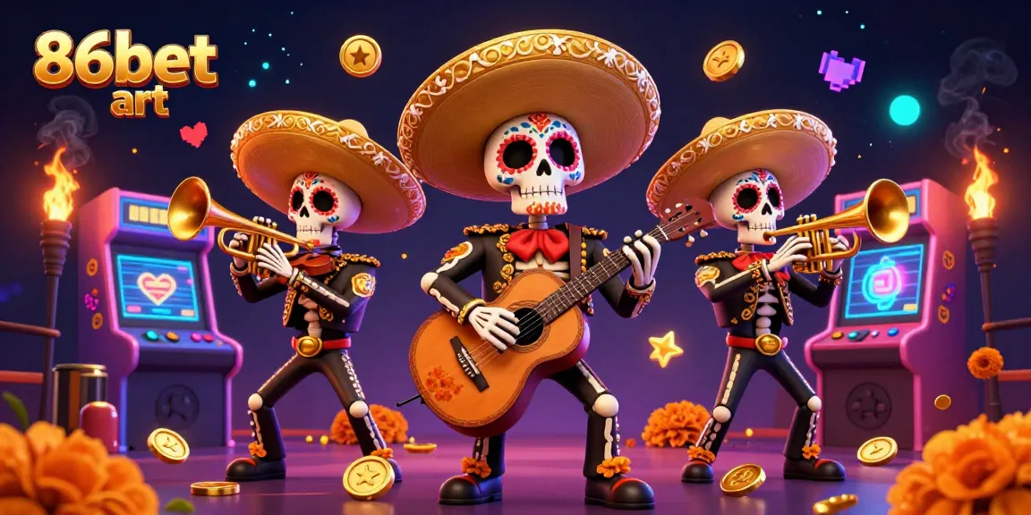 Engage with exciting games in 86bet art featuring a vibrant mariachi band amid casino elements.