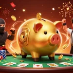 Engage with the vibrant world of 98WIN as characters battle at a poker table surrounded by action.