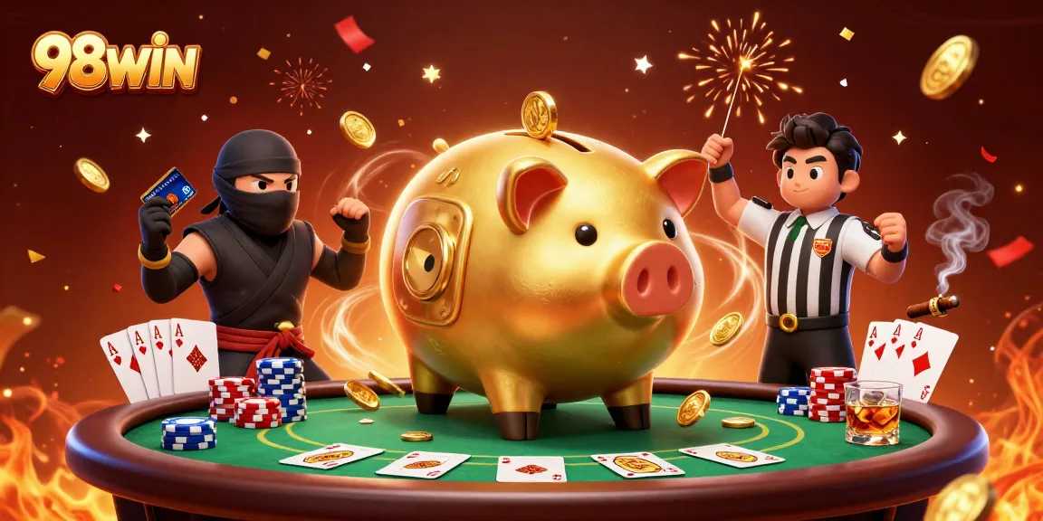 Engage with the vibrant world of 98WIN as characters battle at a poker table surrounded by action.