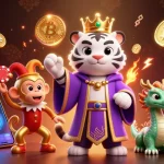 Play the top games at nha cai xin88 featuring a majestic white tiger and a juggling monkey amidst vibrant casino elements.