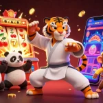 Engage with the dynamic scene at trang chu 8xbet featuring a kung fu tiger, panda, and monkey amidst a jackpot explosion and vibrant casino elements.