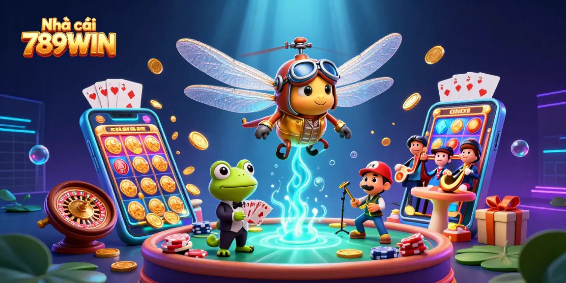 Engage in thrilling casino action at Nhà cái 789WIN with dynamic game elements and vibrant characters in a lively scene.