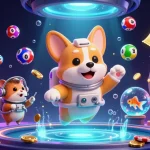 mb66 gaming action scene with a cartoon astronaut corgi and floating casino elements in a vibrant space