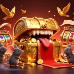 NỔ HŨ 759Gaming summons players with thrilling slot action amidst vibrant gaming elements and dynamic treasure characters.