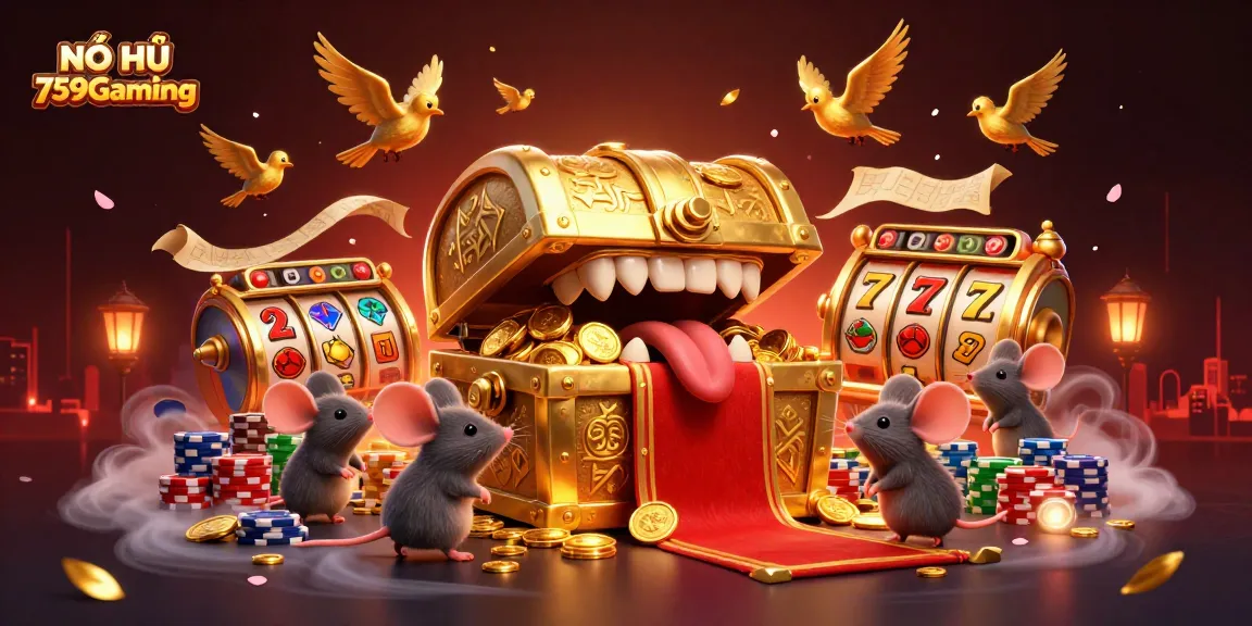 NỔ HŨ 759Gaming summons players with thrilling slot action amidst vibrant gaming elements and dynamic treasure characters.