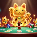 Engage in thrilling poker action with aq999, where a golden lucky cat and vibrant casino symbols dance around in a lively scene.