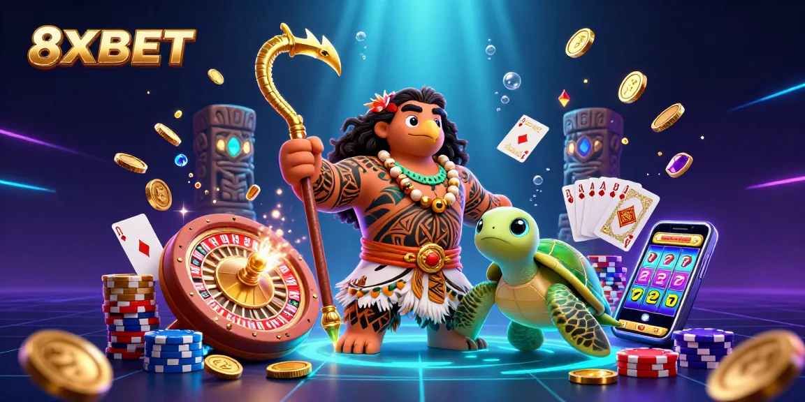 Engage with 8XBET's thrilling casino adventures, featuring dynamic characters amidst vibrant games and rewards.