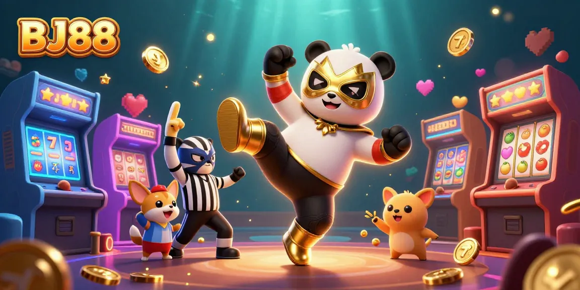 BJ88 showcases a lively casino scene with vibrant characters and colorful game elements, emphasizing excitement.