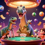 w88 combines a colossal brontosaurus, clever raptor, and vibrant lottery elements in an exciting casino scene.