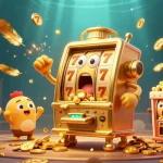 LV88 golden slot machine celebrates hitting a jackpot, coins pouring out amidst colorful casino elements.