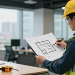 Measured Building Surveys Kent showcasing a professional surveyor reviewing detailed floor plans in a modern office environment.