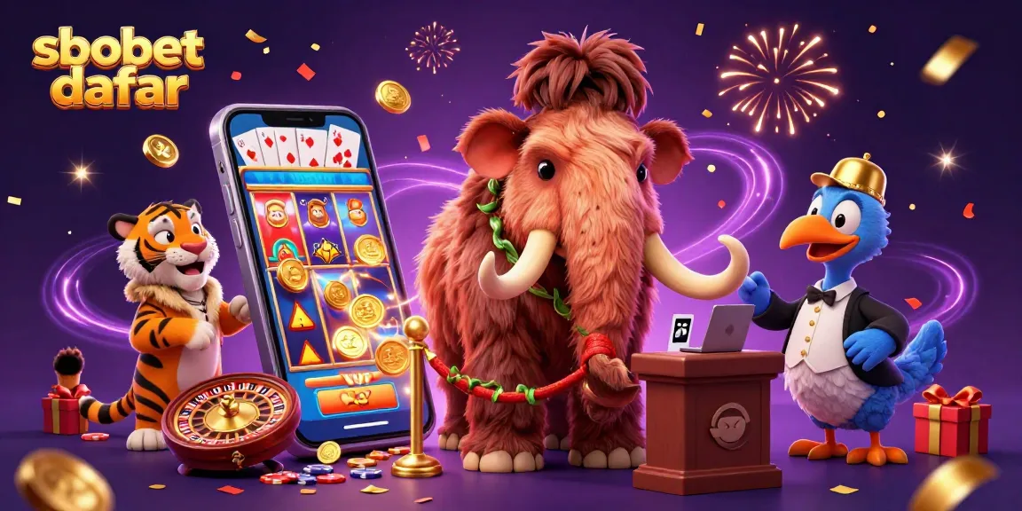 Bet on sbobet daftar with a vibrant 3D casino scene featuring unique characters and games.
