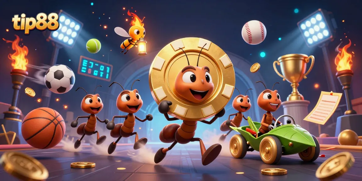 Watch the tip88 team of ants expertly carry a giant golden poker chip in this dynamic casino heist illustration.