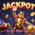 Engage with nhà cái uy tín in this dynamic 3D scene featuring a victorious beetle lifting a poker chip.