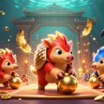 Hitclub pangolins compete in a vibrant casino-themed battle amid golden confetti and chips.
