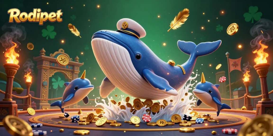 Rodipet showcases a whale in a sea of coins, enhancing a vibrant gambling-themed scene.