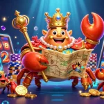 Play thrilling games at Bin88 with golden crab emperor, slot reels, and colorful poker chips.