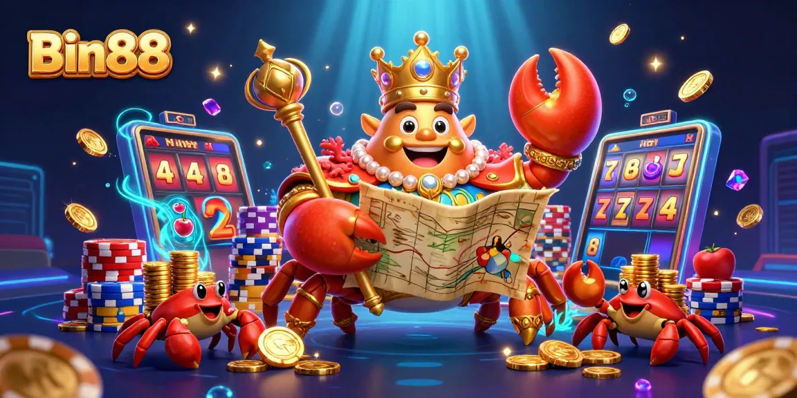 Play thrilling games at Bin88 with golden crab emperor, slot reels, and colorful poker chips.