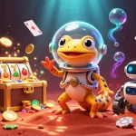 Socolive offers exciting slot adventures with a 3D Martian gecko discovering a golden casino surrounded by colorful game elements.