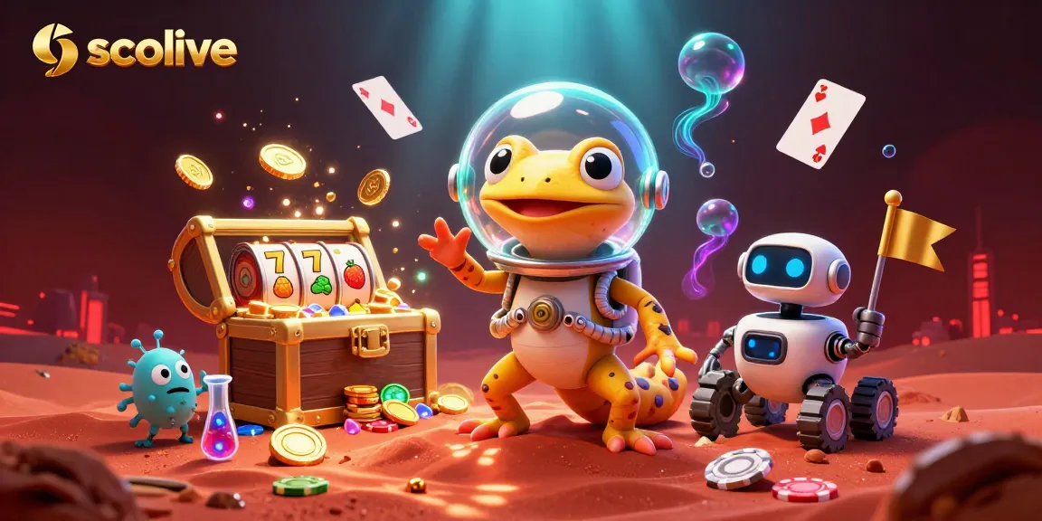 Socolive offers exciting slot adventures with a 3D Martian gecko discovering a golden casino surrounded by colorful game elements.